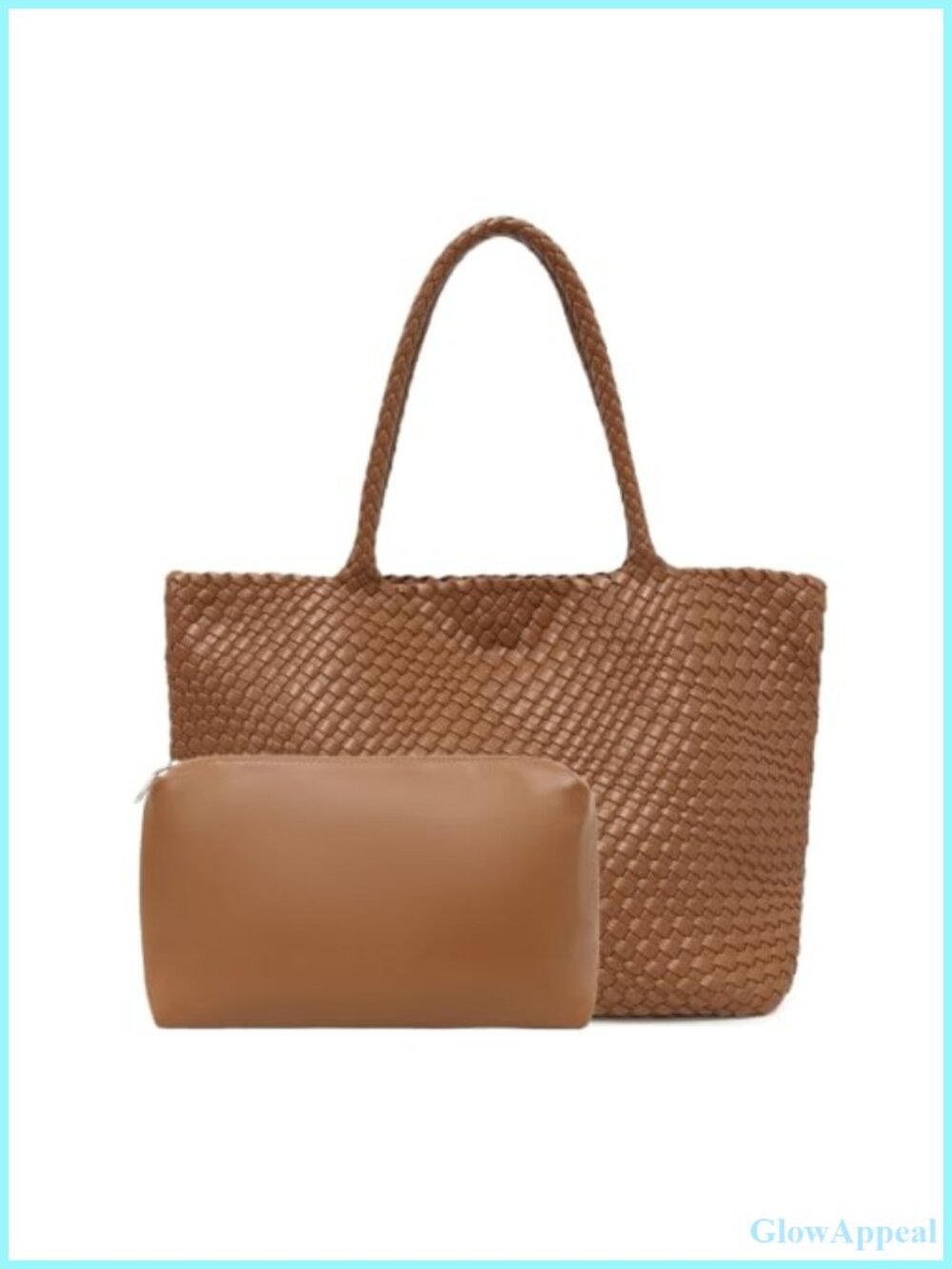 Woven Vegan Leather Tote Bag Set with Matching Pouch Large Shoulder Purse